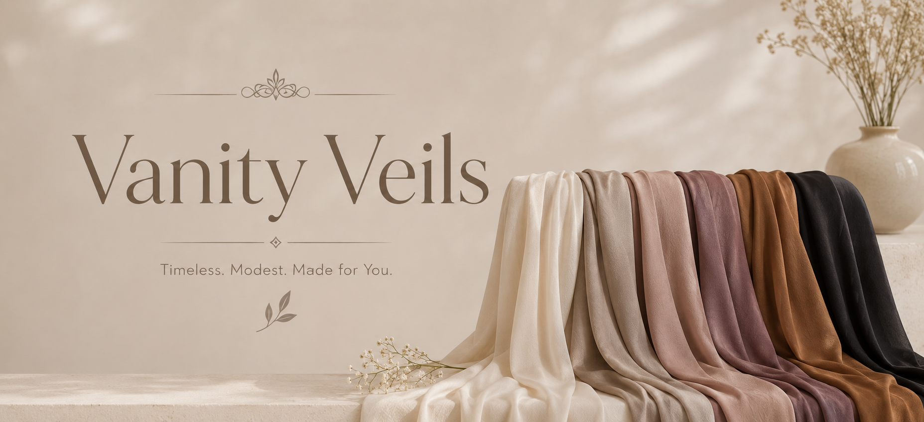 Row of Vanity Veils in various colors on a neutral background with decorative elements.